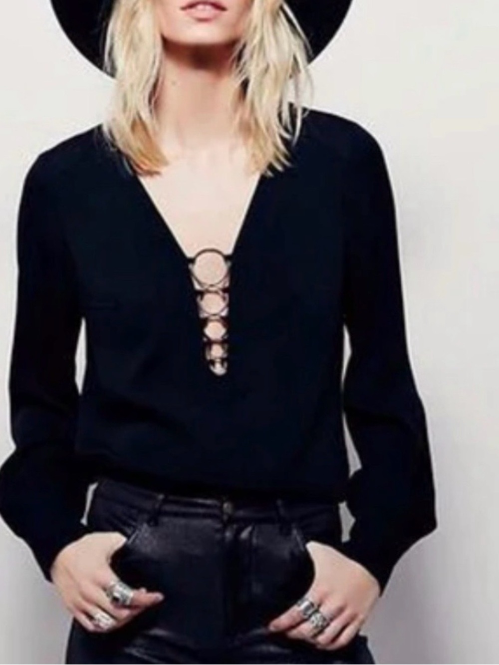 Free People Long-Sleeved Black V-Neck Top with Ring Details -NWT